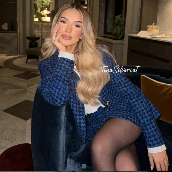 BLOGGER'S FAVE! Zara 2 Piece Co-ord Houndstooth Blazer And Skort Set Blue NWT